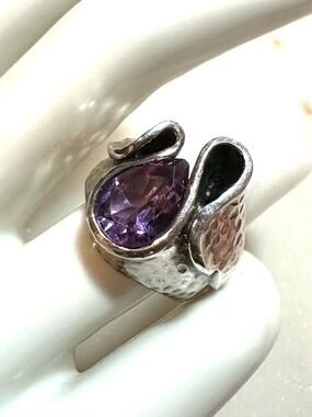 Amethyst Teardrop Pear Cut Sculptural Hammered Wave Sterling Silver Ring